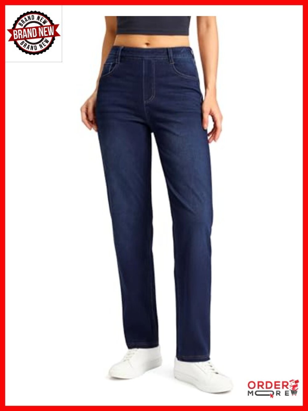 Womens Stretchy Pull On Straight Leg Jeans High Waist Tummy Control